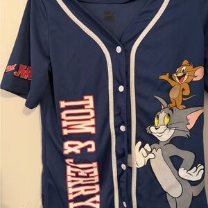 Tom and Jerry Button Down Short Sleeve Baseball‎ Shirt  Youth L Blue Element